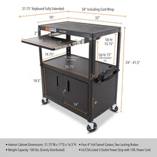 Black | 32"-wide | Dimensions of the 32" wide Line Leader AV cart with cabinet and keyboard tray by Stand Steady.