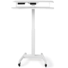 White | This mobile podium helps you work ergonomically with easy height adjustability and a built-in keyboard tray.