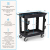 Black | Two-Tub-Shelves | Specifications and dimensions of the Tubstr tub cart with storage hooks.