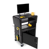 Float of the Stand Steady Stellar AV Cart with pegboard siding and peg hooks with props on it.