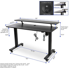 black | black-shelf | Dimensions of the 55" Tranzendesk electric standing desk with shelf and built-in charging outlets.