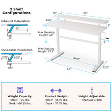 white | white-shelf | Dimensions of the 55" white Tranzendesk standing desk with shelf.