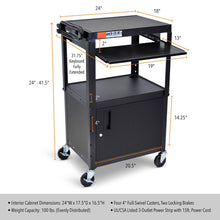 Black | 24"-wide | Dimensions of the 24" wide Line Leader AV cart with cabinet and keyboard tray by Stand Steady.