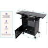 Dimensions of the Stand Steady Stellar AV cart with keyboard tray, cabinet, and drop leaf shelving.