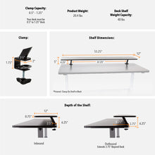 White | Dimensions of the 55" clamp-on desk shelf by Stand Steady in white.