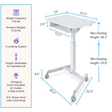 White | Dimensions of the 31.5" wide pneumatic Cruizer mobile podium and portable student desk.