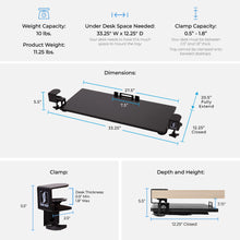 Dimensions of the 27.5" wide clamp on keyboard tray by Stand Steady.