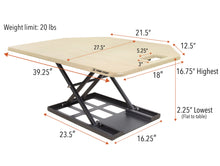 Dimensions of the X-Elite Premier standing desk converter in maple.