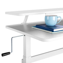 white | white-shelf | Close-up image of the Tranzendesk Standing Desk with shelf's easy-turn crank.