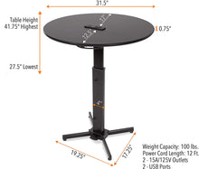 Dimensions of the 31.5" wide round table with built-in charging by stand Steady.