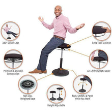 Features of the Stand Steady Active Motion Wobble Stool including a 360 degree wivel seat, premium and durable construction, non-slip weighted base, height adjustable, air lift pneumatic lever, extra thick cushion, the ability to rock, stretch and perch while you work.