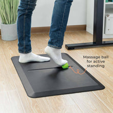 Lifestyle image of the Stand Steady anti fatigue mat with massage ball in a home office setting.