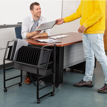 black | tall-/-16-devices | Ideal for any school or classroom, the Line Leader 16-device open charging cart in black by Stand Steady keeps your electronic devices safely charged and organized.