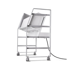 Side view of the Line Leader charging cart featuring a sturdy steel frame and white powder-coated finish.