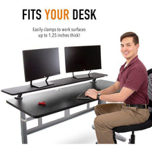 The Stand Steady clamp-on desk shelf fits surfaces up to 1.25" thick.