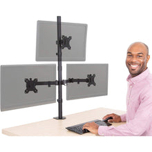 The Stand Steady clamp-on triple monitor mount holds three monitors and keeps screens at eye level.