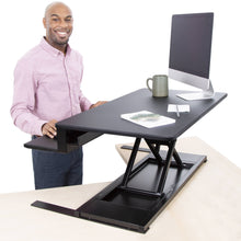 black | 36-inch-desktop | The FlexPro Premier 36" electric standing desk converter features two spacious desktop levels.