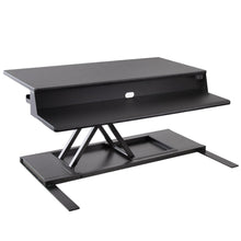 black | 36-inch-desktop | Front angle float of the FlexPro Premier 36" electric sit to stand desk converter.