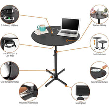 Features of the Stand Steady Round Table include 2 outlets / 2 USB ports in the tabletop, a 12-foot power cord and cord wrap, leveling feet, and a spacious tabletop!