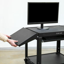 Close up image of the Line Leader extra large AV cart with cabinet's drop leaf shelving.