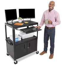 Float of the Line Leader extra large AV cart with cabinet with a person and props.