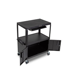 black | keyboard-tray | extra-large | Line Leader extra large AV cart with cabinet and keyboard tray, no props.