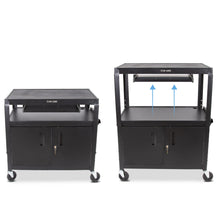 Black | 32"-wide | The 32" wide Line Leader audio visual cart by Stand Steady features a set-and-forget height adjustable top shelf.