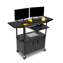 Black | 32"-wide | The Line Leader 32" wide AV cart with cabinet, drop leaf shelving, and pullout keyboard tray with props.