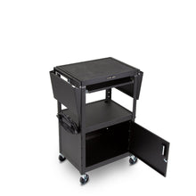 Black | 24"-wide | Line Leader AV cart with cabinet and drop leaf shelving, no props.