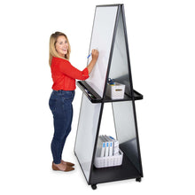 The Stand Steady mobile whiteboard with person writing on it.