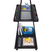 This portable whiteboard features two built-in storage shelves.