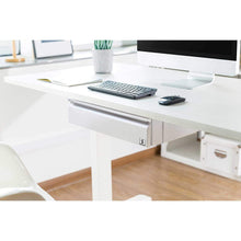 White | Lifestyle image of the Stand Steady desk drawer attached to a desk, closed.