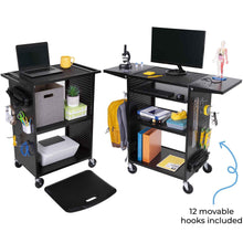 The Stellar AV cart comes with pegboard siding and 12 removable peg hooks.