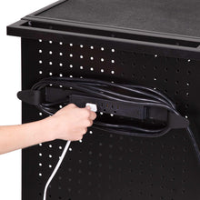 The Stellar AV cart with wheels features a built-in 3 AC power strip and a 15-foot power cord with surge protection.