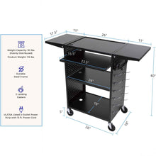 Dimensions of the Line Leader Stellar AV cart with keyboard tray and drop leaves.