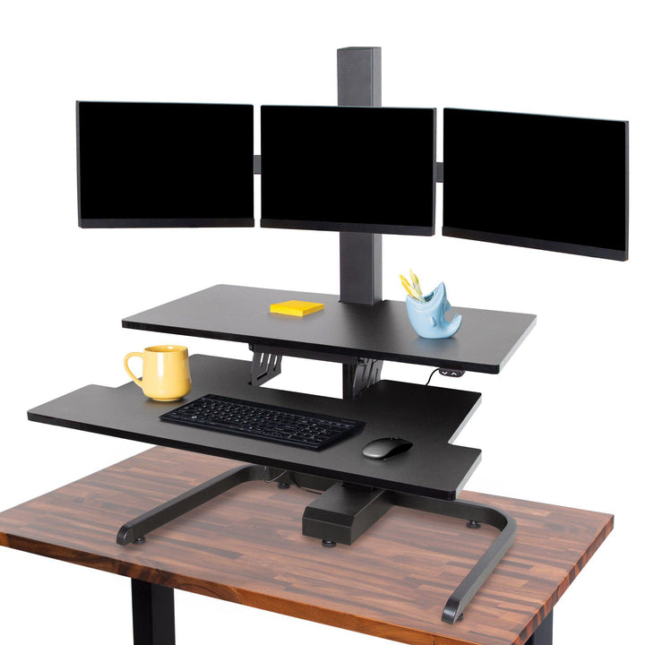 Stand Steady TechTonic | Electric 3 Arm Monitor Mount Standing Desk | Stand Up Desk Converter with Keyboard Tray Supports 3