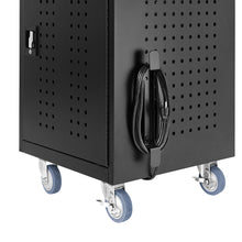 The Line Leader closed charging cart features a convenient power cord wrap.