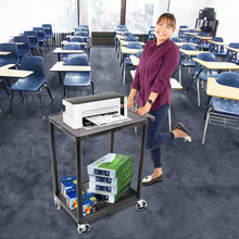 Lifestyle image of the standard two flat shelf utility cart in a classroom setting used as a printer cart.