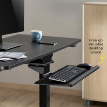 Free up valuable desk space with the Stand Steady tilting keyboard tray.